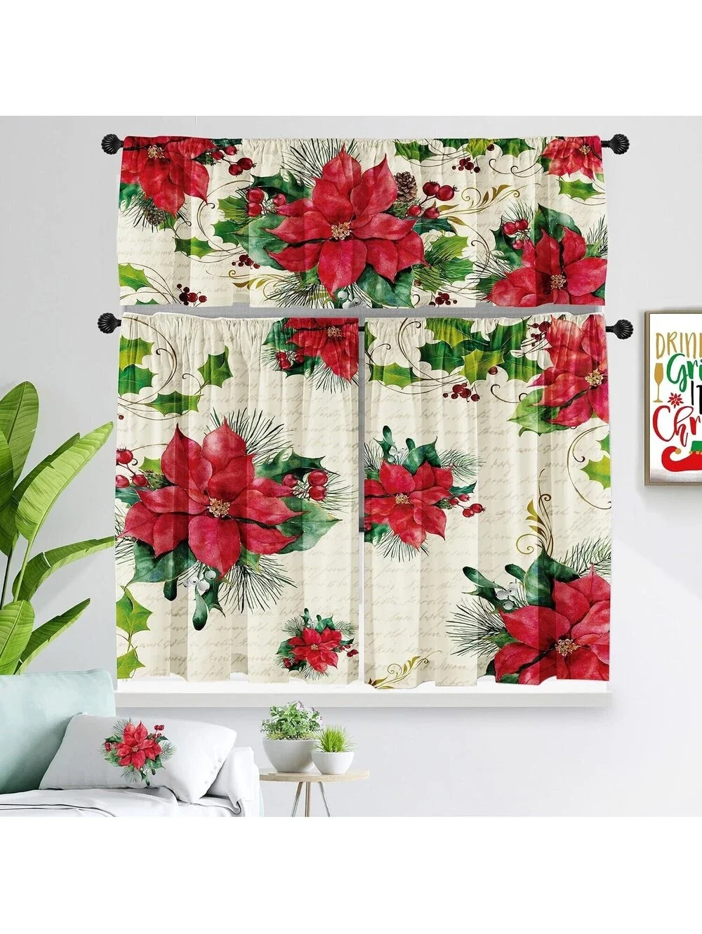 Poinsettia Christmas Curtain Valances Set, Upper & Lower Curtains